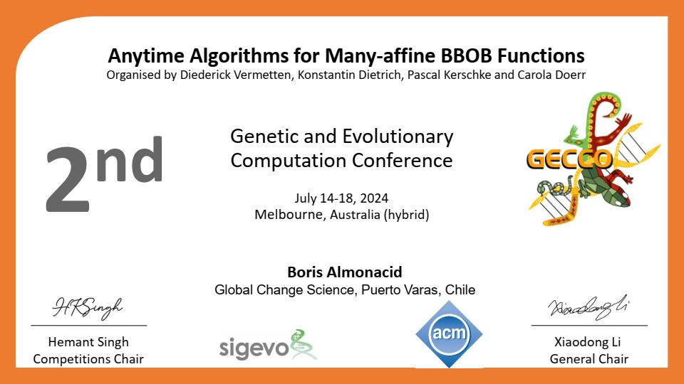 GECCO 2024 award certificate for the Progressive Sample Scaling Algorithm entry